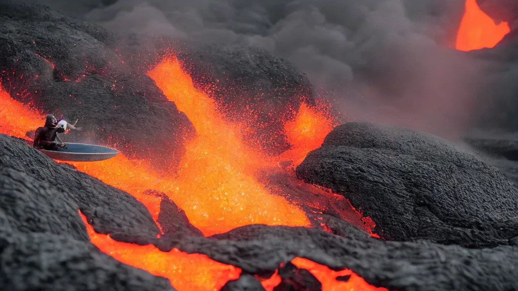 Image similar to person in armor surfing down a river of lava on the side of a volcano on surfboard, action shot, dystopian, thick black smoke, motion blur, sharp focus, cinematic, warren miller, tilt shift lens