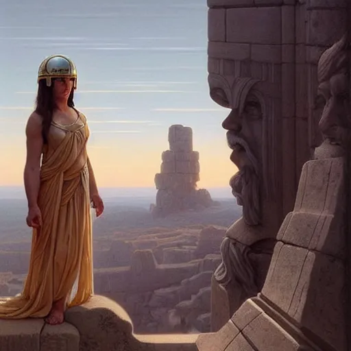 Image similar to tiny full-body young ancient greek woman in helmet, giant gray-haired bearded ancient greek man in background, by David Ligare, incredible details, epic stunning, highly detailed, trending on ArtStation, artgerm and greg rutkowski and alphonse mucha, IAMAG, broken giant marble ruins, golden hour