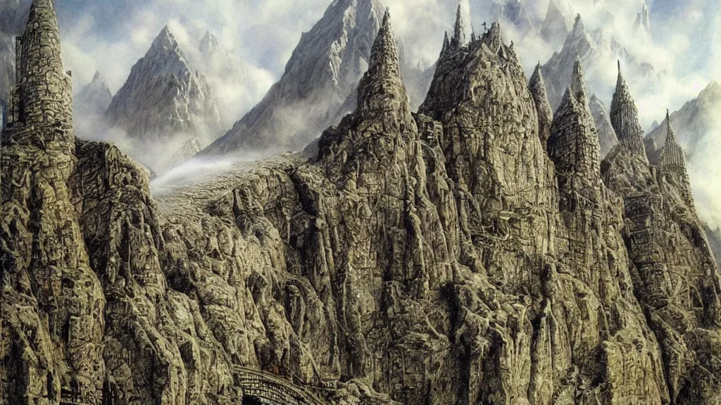 Prompt: beautiful helms deep, by alan lee, intricate, smoke trails, lord of the rings calendar, smooth, detailed terrain, oil painting