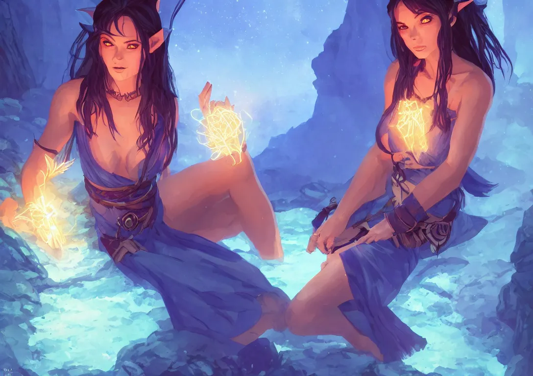 Prompt: half orc half elf woman, beautiful face and small orc tusks, holding a glowing diamond, tropical mage dress with high slit, several layers of fabric, sitting in glowing blue water in a cave, by ilya kuvshinov, krenz cushart, Greg Rutkowski, trending on pixiv