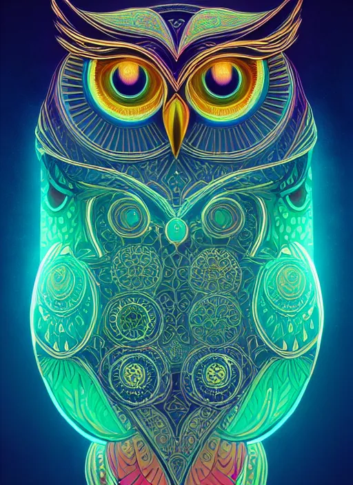 Image similar to symmetry!! product render poster vivid colors divine proportion owl, 神 圣, glowing fog intricate, elegant, highly detailed, digital painting, artstation, concept art, smooth, sharp focus, illustration,