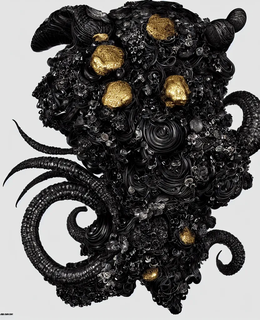 Image similar to fully black background. background hex 000000. goddess princess face close-up portrait ram skull. sculpture made of gold and black charcoal. jellyfish phoenix head, nautilus, orchid, skull, betta fish, bioluminiscent creatures, intricate artwork by Tooth Wu and wlop and beeple. octane render, trending on artstation, greg rutkowski very coherent symmetrical artwork. cinematic, hyper realism, high detail, octane render, 8k