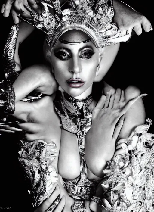 Image similar to lady gaga in an ancient themed photoshoot, nick knight, annie leibovitz, posing, style, vogue magazine, highly realistic. high resolution. highly detailed. dramatic. 8 k. 4 k.