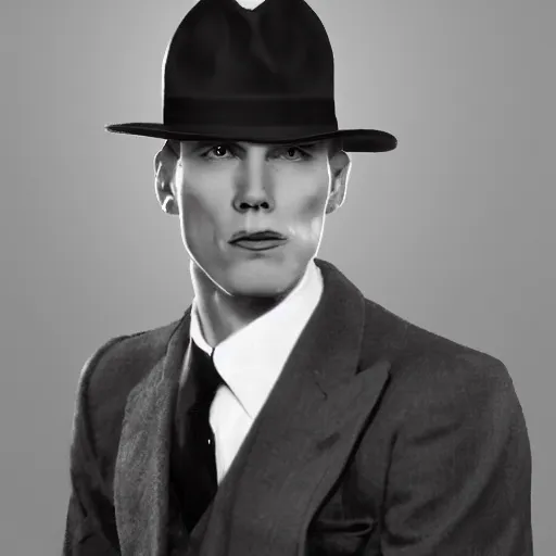 Image similar to A photograph portrait of Jerma985 wearing a suit with and fedora in the 1940s, taken in the early 1940s, grainy, taken on a 940s Kodak Camera, realistic, hyperrealistic, very realistic, highly detailed, very detailed, extremely detailed, detailed, digital art, trending on artstation