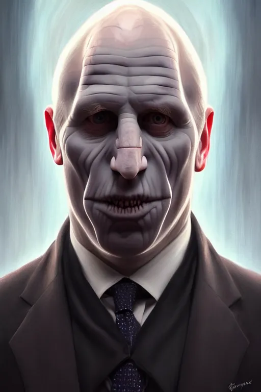 Image similar to Boris Johnson as Lord Voldemort without nose, realistic portrait, symmetrical, highly detailed, digital painting, artstation, concept art, smooth, sharp focus, illustration, cinematic lighting, art by artgerm and greg rutkowski and alphonse mucha