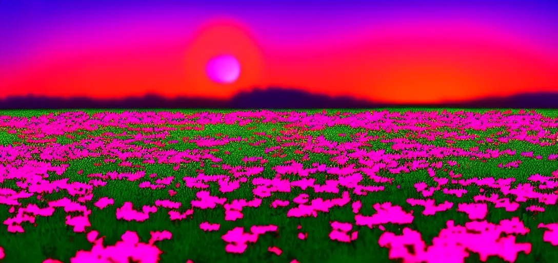 Image similar to an impossible field of beautiful neon colored flowers with a beautiful sunset, vaporwave