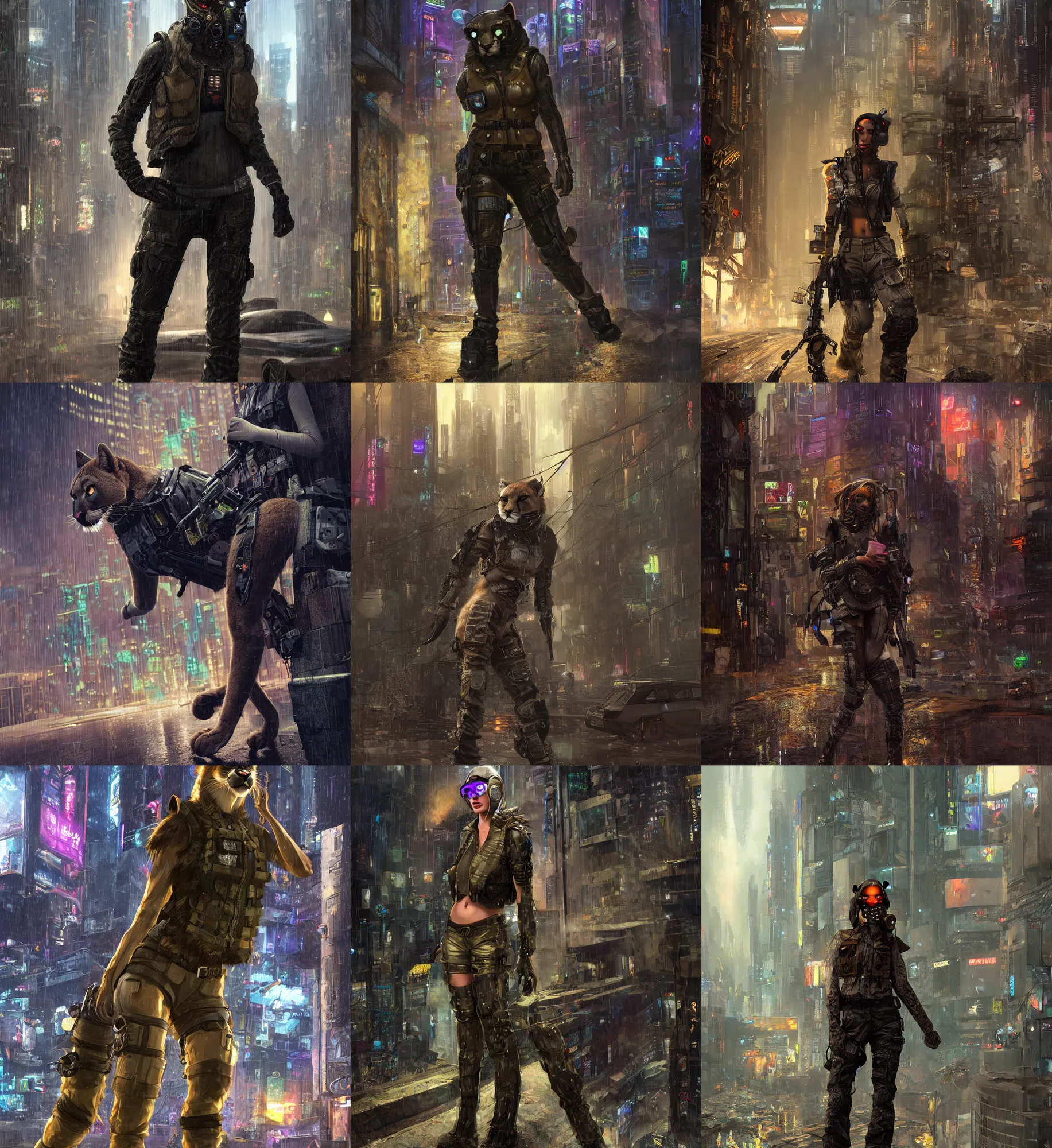 Prompt: female furry anthro mountain lion, bullet proof vest, cargo pants. cyberpunk city, night, rain. hyper detailed, dynamic background, digital art, trending in artstation, cinematic lighting, studio quality, smooth render, unreal engine 5 rendered, octane rendered, art style by klimt and nixeu and ian sprigger and wlop and krenz cushart