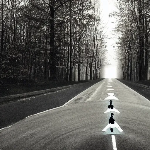 Prompt: a woman standing in the middle of a road, an album cover by Gregory Crewdson, trending on deviantart, environmental art, creative commons attribution, photo, demonic photograph