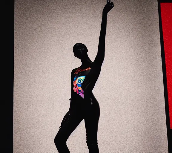 Image similar to dark black marble statue of a beautiful woman with colorful motocross logos in the style of virgil abloh, dark soft lighting, cinematic, very very beautiful, detailed, off white, heron preston, 8 k, 4 k, detailed, beautiful, symmetrical, vogue, editorial, fashion, magazine, museum lighting, night time, dark