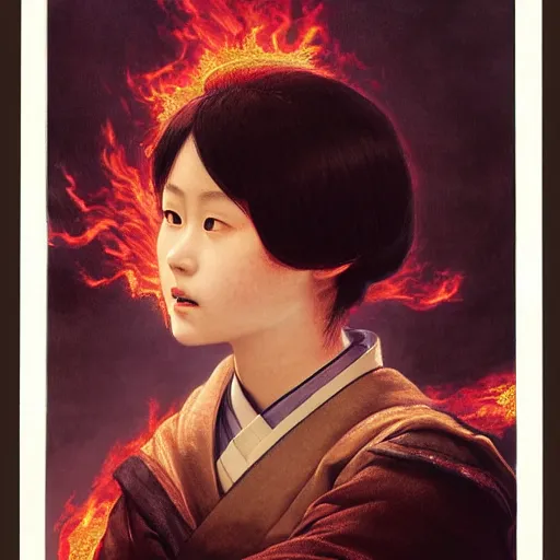 Image similar to Portrait of a Japanese schoolgirl with short hair and lilac eyes causing flames in a moment of rage, hyperdetailed, artstation trending, world renowned artists, worth1000.com, historic artworks society, antique renewel, cgsociety, by greg rutkowski, by Gustave Dore, Deviantart