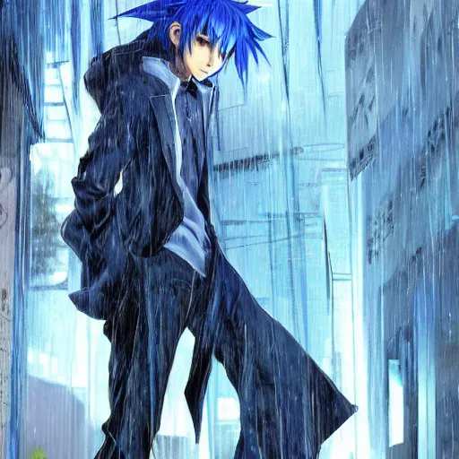 Image similar to a blue haired boy standing in the rain. character design. gesture drawing. line of action. official art, concept art. tetsuya nomura. final fantasy. shigenori soejima ray tracing hdr. 8 k. uhd. sharp focus. close up. highly detailed. masterpiece. cinematic lighting..