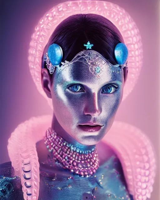 Prompt: natural light, soft focus portrait of an android with soft synthetic pink skin, blue bioluminescent plastics, smooth shiny metal, elaborate ornate head piece, piercings, skin textures, by annie leibovitz, paul lehr