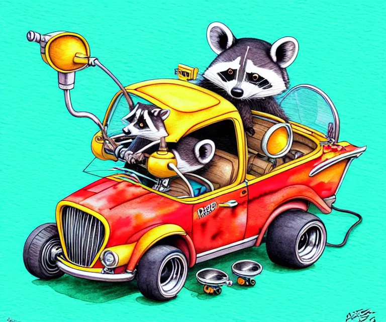 Image similar to cute and funny, racoon driving a tiny hot rod with an oversized engine, ratfink style by ed roth, centered award winning watercolor pen illustration, isometric illustration by chihiro iwasaki, edited by craola, tiny details by artgerm and watercolor girl, symmetrically isometrically centered