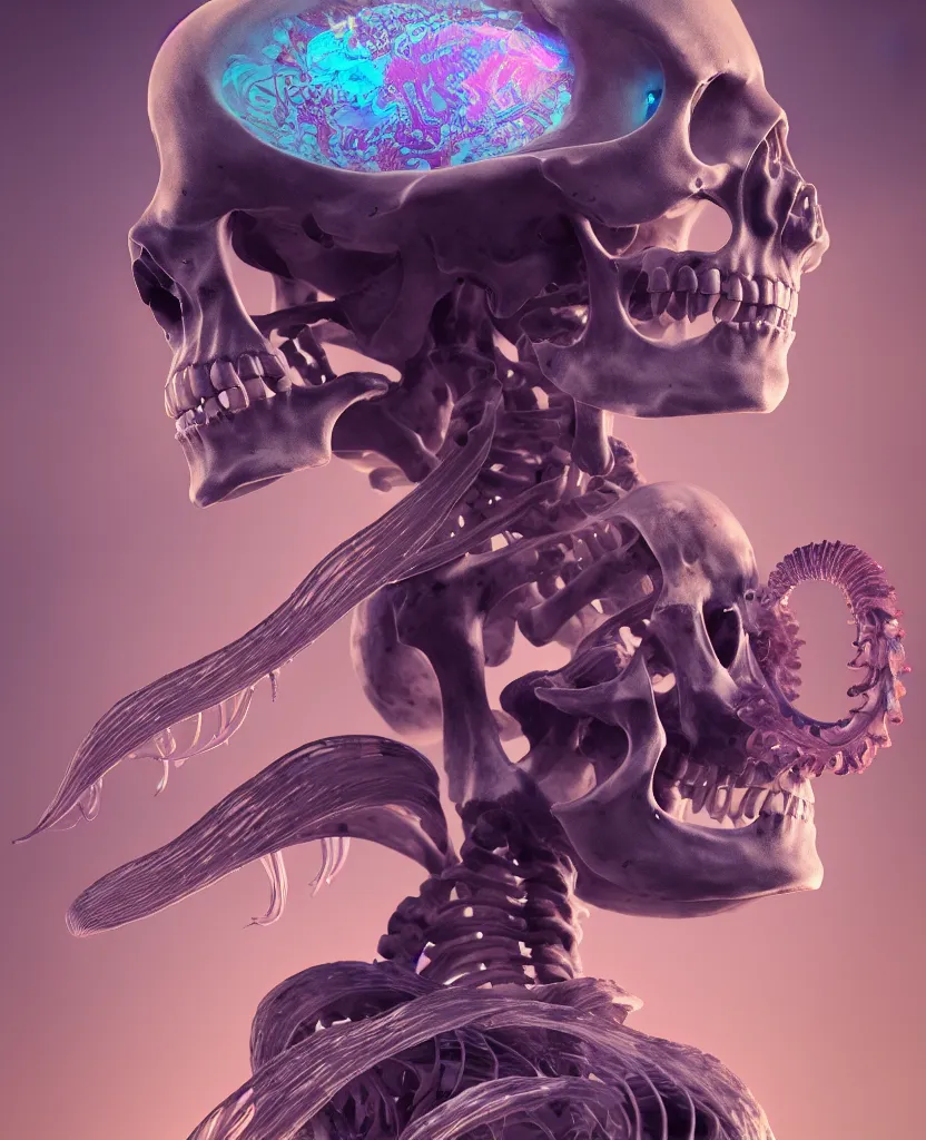 Image similar to goddess close - up portrait human skeleton, ram skull, squid phoenix jellyfish, orchid, betta fish, bioluminiscent, intricate artwork by tooth wu and wlop and beeple. octane render, trending on artstation, greg rutkowski very coherent symmetrical artwork. cinematic, hyper realism, high detail, octane render, 8 k