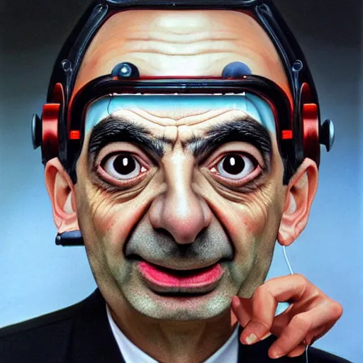 Image similar to a realistic oil painting of mr bean as a cybernetic cyborg, surrealism portrait, surrealism album cover