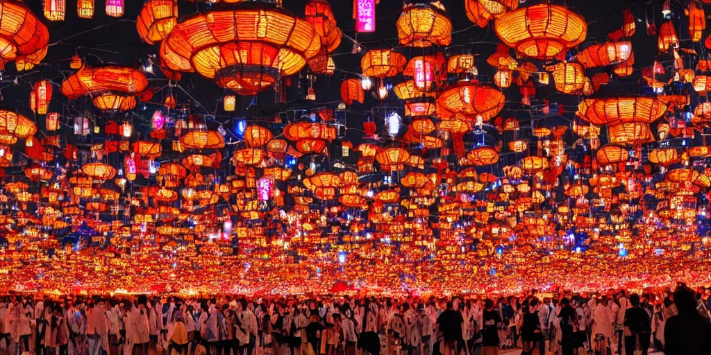 Image similar to photo of toro nagashi festival at midnight, beautiful colors and lighting, extremely intricate, hyper detailed, hd, masterpiece