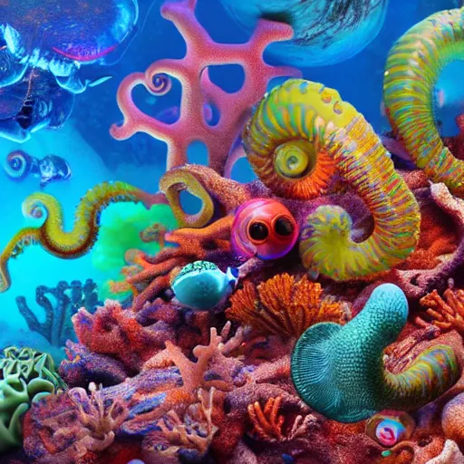 Image similar to a group of cephalopod - like alien creatures swim through a vividly colorful complex diverse bright dense coral reef in the ocean of an alien world, coral, coral reef, sealife, alien oceans, alien worlds, 4 k resolution, ultra realistic, hyperdetailed, photorealism, trending on artstation