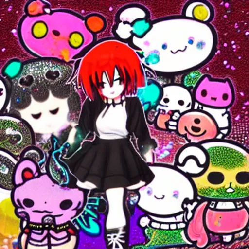 Image similar to photo of a emo manic pixie dream girl, 8k, portrait | sanrio glitchcore yokai girl, shadowverse character concept, found footage horror, glitter gif