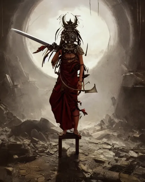 Image similar to hyper realistic photo of postapocalyptic tibetan monk cyborg girl with indonesian demon mask, sword and shield, full body, cinematic, artstation, cgsociety, greg rutkowski, james gurney, mignola, craig mullins, brom