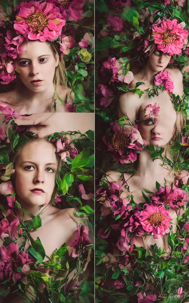 Image similar to flower adornment, creative studio portrait photography with wildly experimental and interesting lighting