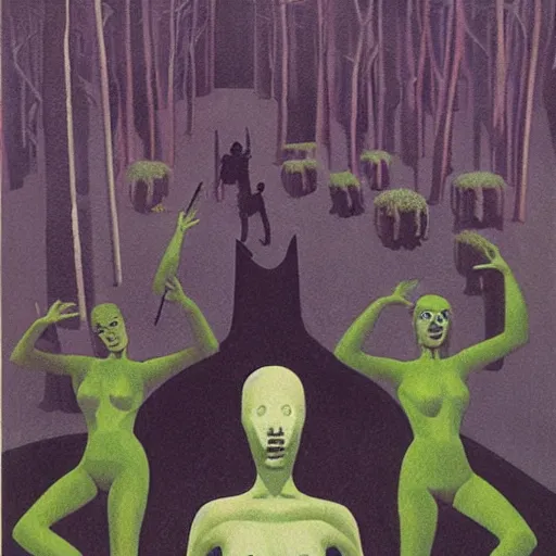 Prompt: sci - fi, hunters of monsters walking in a meat and bone forest, art by karel thole