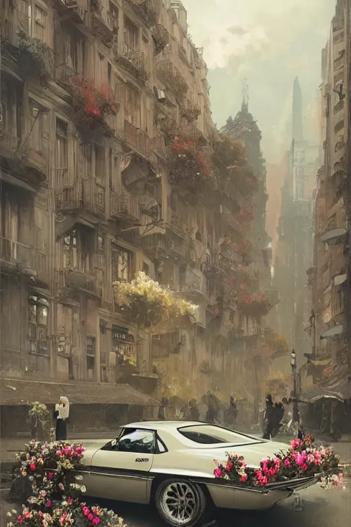 Image similar to ultra realistic illustration, old vintage car in the city with flowers blooming out the window, elegant, highly detailed, digital painting, concept art, smooth, sharp focus, illustration, art by greg rutkowski and alphonse mucha