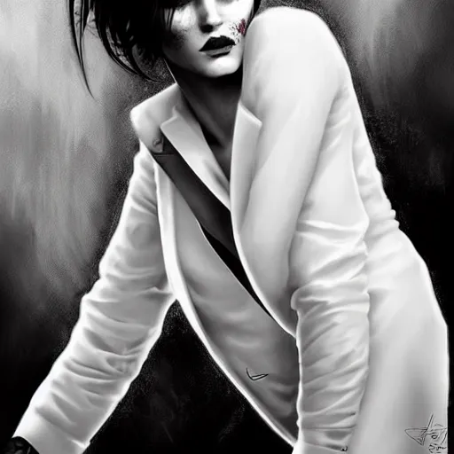 Prompt: beautiful portrait of androgynous ruby rose as desire from sandman in a white tuxedo!!!, rockabilly style, by frank moth, by alphonse mucha, cedric peyravernay, by jeremy mann, white suit and black tie, soft lightning, high detailed, 8 k