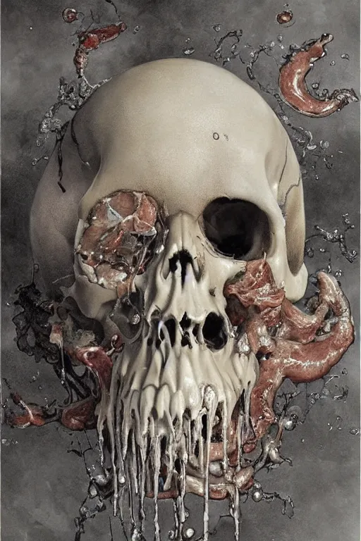 Prompt: breathtaking detailed soft painting of an intricated marble art nouveau skull with white water splash, whip cream and milk splashing everywhere, bones and meat stained glass in the background, rembrandt style, elegant, highly detailed, artstation, concept art, matte, sharp focus, art by casimir art, tom bagshaw, kelogsloops and greg rutkowski