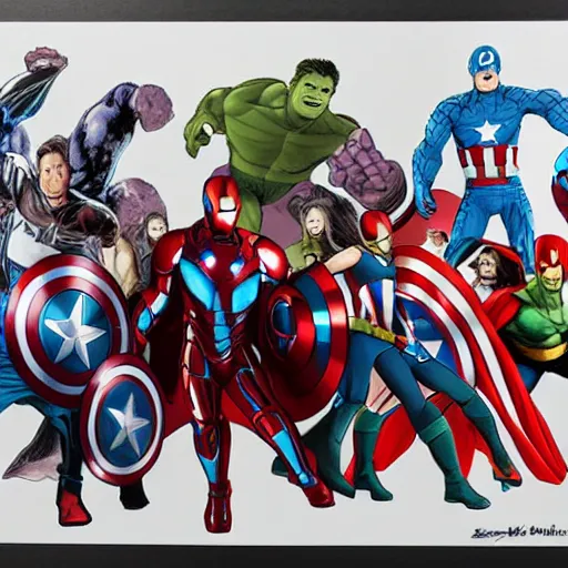 Prompt: The Avengers group photo, layered paper style