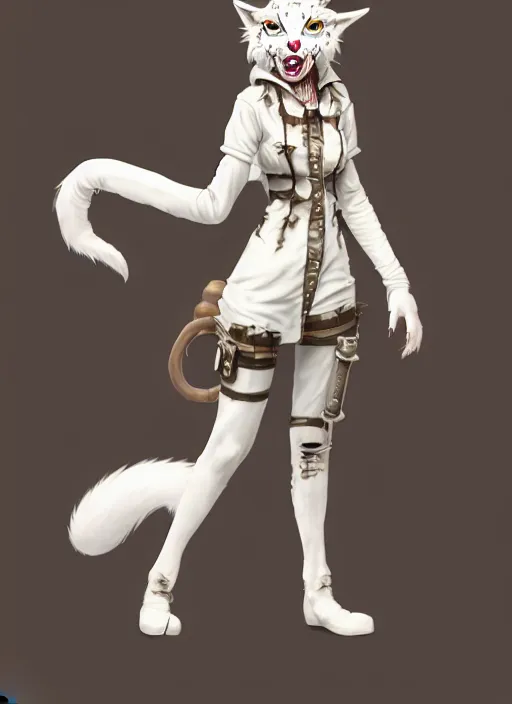 Prompt: wide angle beautiful full body portrait of a strong female damaged zombie anthropomorphic anthro white lynx fursona wearing a steampunk dress toothsome open mouth. character design by disney, anime, manga, charlie bowater, ross tran, artgerm, and makoto shinkai, detailed, soft lighting, rendered in octane