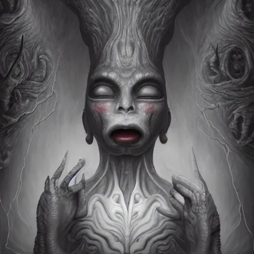 Image similar to naraka buddhist demon korean female, volumetric lights, post apocaliptic, female alien, tubular creature, blood vessels, no face, dystopian surrealism, alex ries zdzisław beksinski, symmetrical long head, smooth marble surfaces, smooth marble surfaces, detailed ink illustration, detailed ink illustration, raiden metal gear, cinematic smooth stone, deep aesthetic