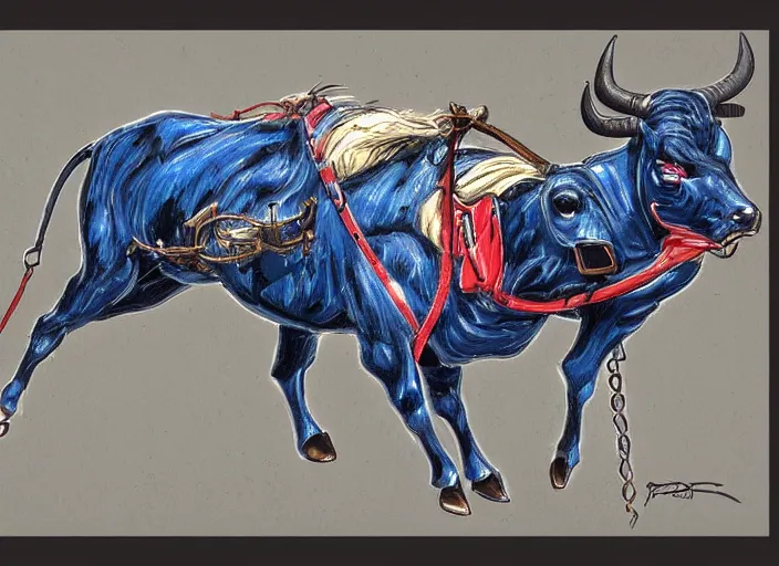 Image similar to mechanical rodeo bull, detailed bull, anime, ralph goings, cartoon styled painting