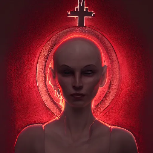 Prompt: shameless woman whis impudent facial expression, shadow of catholic church cross, elegant, dark and mysterious, atmospheric, red, trending on artstation, highly detailed, digital painting, volumetric light, concept art, illustration