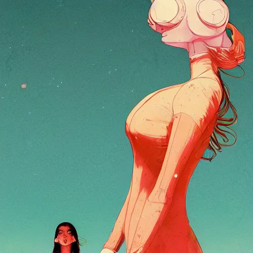 Prompt: wide view of a beautiful dress girl on the moon, by conrad roset and peter mohrbacher and frank moth