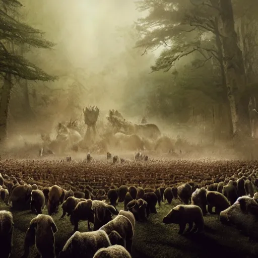 Prompt: an army of bears facing an army of bulls, magical forest, fantasy, Ireland, England, king Arthur, Lord of the rings, cinematic, realistic style, beautiful, majestic, dramatic lighting, early morning, dawn CGsociety, realistic, hyper maximalist, golden ratio, octane render, rule of thirds, wide shot , 8k resolution, epic volumetric light, cinematography, concept art, Artstation trending, environments, fantasy