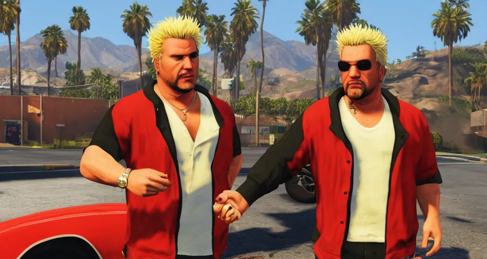 Image similar to GTAV ((loading screen)) featuring ((((Guy Fieri)))) striking a deal, 4k, artistic