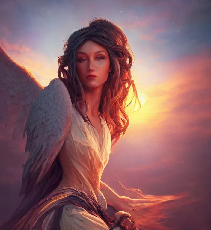 Prompt: centered waist up portrait photography an angel + bokeh + DOF + 8k, photorealistic + rendered in unreal engine + colors and composition by Peter Mohrbacher + line work by Dan Mumford , ultra realistic + backlit + strong rimlight, sunset + HDRI, HD, Photoreal