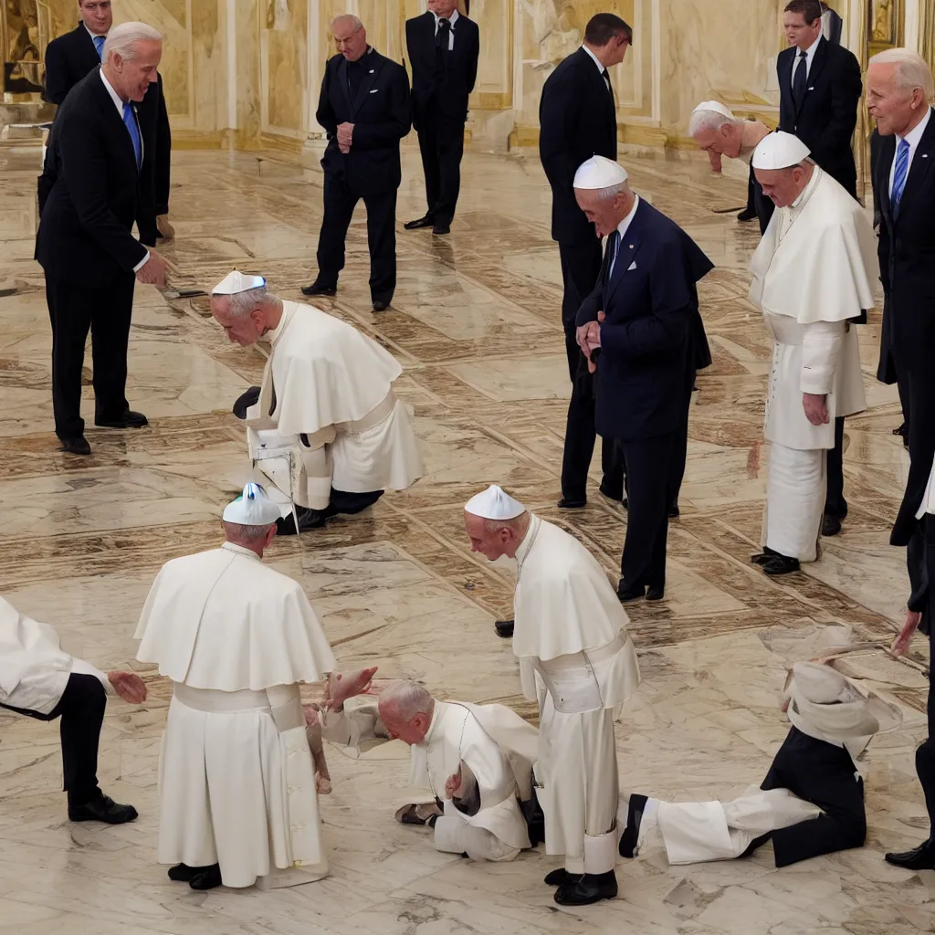 Image similar to Poopy pants joe Biden defecating in front of the pope in the Vatican award winning 35 millimeter photo by pete souza