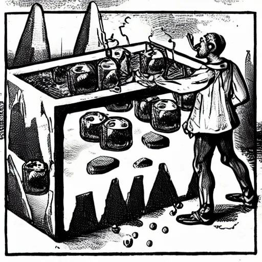 Prompt: gelatinous cubes being processed into magic items with the juice made from their bodies, d & d, industry magazine photo from the year 1 1 8 9