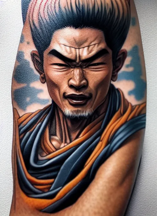 Image similar to highly detailed portrait of sangoku, photographic realistic background, by greg rutkowski, by greg tocchini, by joe fenton, by nikkohurtado, by den _ yakovlev, by niki 2 3 gtr, by sivak _, by tonysantos _ tattoo, trending on instagram, award winning details, textured paper