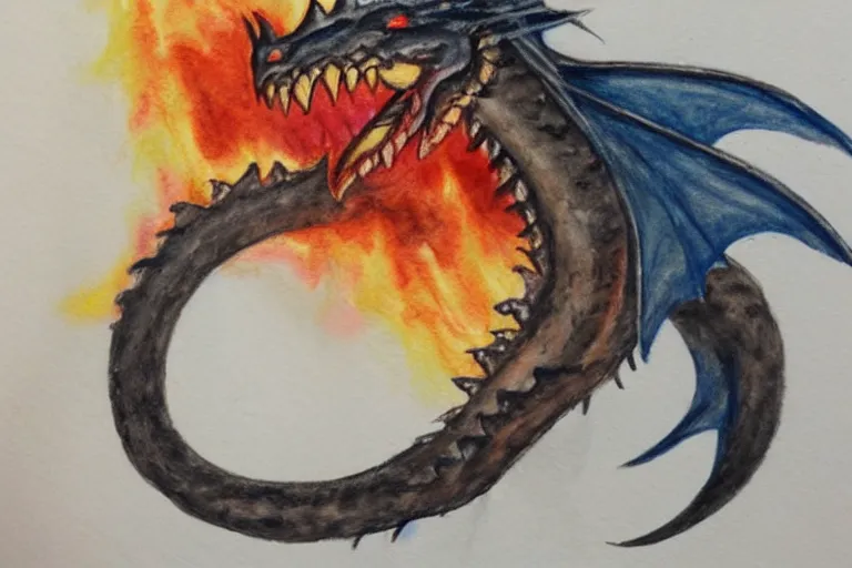 Image similar to a child's watercolor pencil painting of fire - breathing dragon.