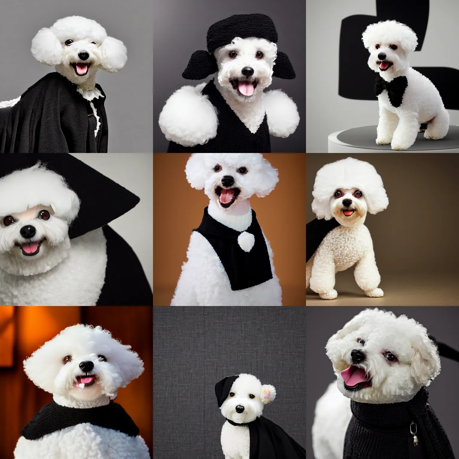 Prompt: a closeup photorealistic photograph of a cute smiling knitted white bichon judge dog dressed in a black gown issuing a sentence. indoors, professional capture, well lit shot. this 4 k hd image is trending on artstation, featured on behance, well - rendered, extra crisp, features intricate detail, epic composition and the style of unreal engine.