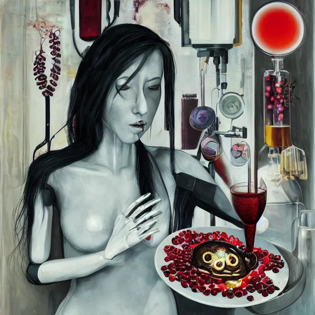 Prompt: dark kitchen of an art student, sensual portrait of a female transhuman robot holding a brain, japanese pottery, scales, tropical houseplants, test tubes, honey dripping from ceiling, berries dripping juice, pancakes, pomegranate, berries, octopus, scientific glassware, neo - expressionism, surrealism, acrylic and spray paint and oilstick on canvas