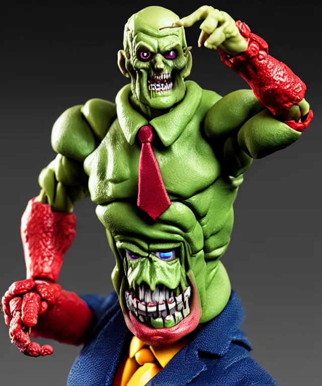 Image similar to hyperrealistic rendering, president zombie is motu action figure, product photography