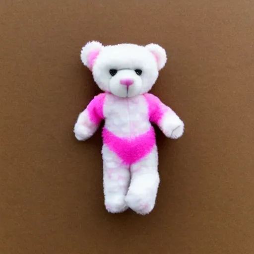 Image similar to a cute white teddy bear with pink ears wearing a pink cheetah print leotard