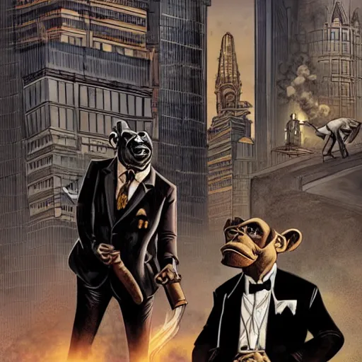 Prompt: A film noir anthropomorphic chimp detective wearing a suit and smoking a cigar, detailed face, in the background are buildings and restaurants, intricate, elegant, highly detailed, smooth, sharp focus, detailed face, high contrast, dramatic lighting, graphic novel, art by Ardian Syaf and Pepe Larraz,