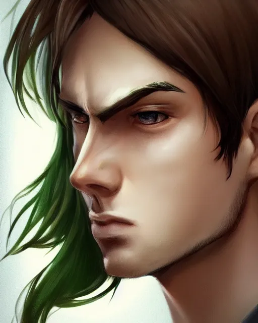 Image similar to face of a masculine young man with thin face lines, have long brown hair and green eyes, very beautiful portrait, low angle, realistic anime style and perfect art, trending on artstation, good and dramatic lighting