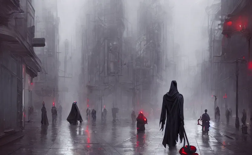 Prompt: the grim reaper on a city street, soft grey and red and blue natural light, intricate, digital painting, artstation, concept art, smooth, sharp focus, illustration, art by greg rutkowski and luis rollo and uang guangjian and gil elvgren, symmetry!