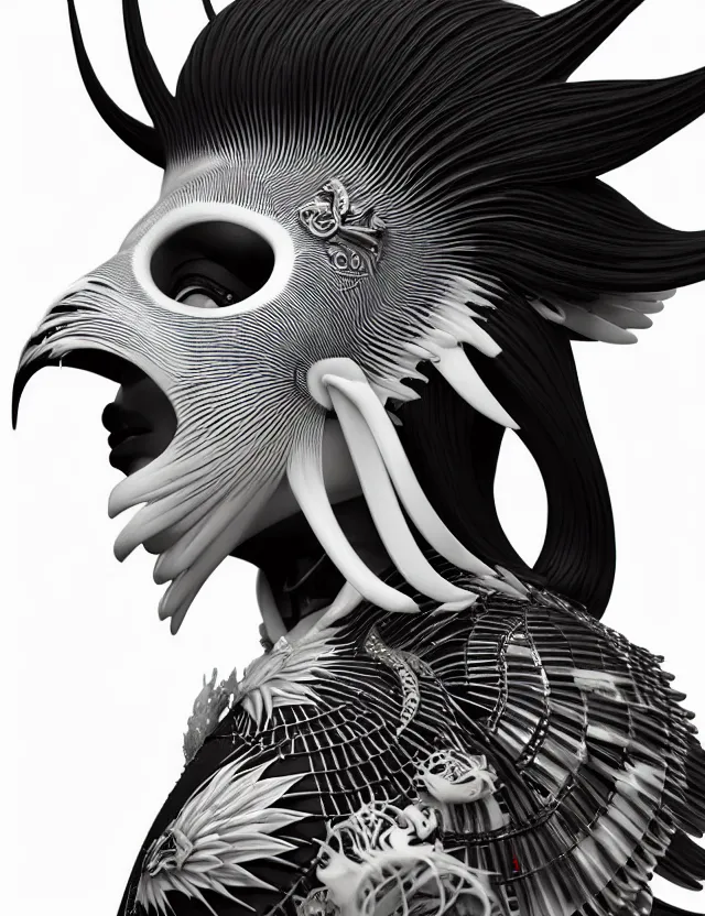 Image similar to 3 d goddess close - up profile simple portrait punk with mohawk with goat skull. beautiful intricately detailed japanese crow kitsune mask and clasical japanese kimono. betta fish, jellyfish phoenix, bio luminescent, plasma, ice, water, wind, creature, artwork by tooth wu and wlop and beeple and greg rutkowski