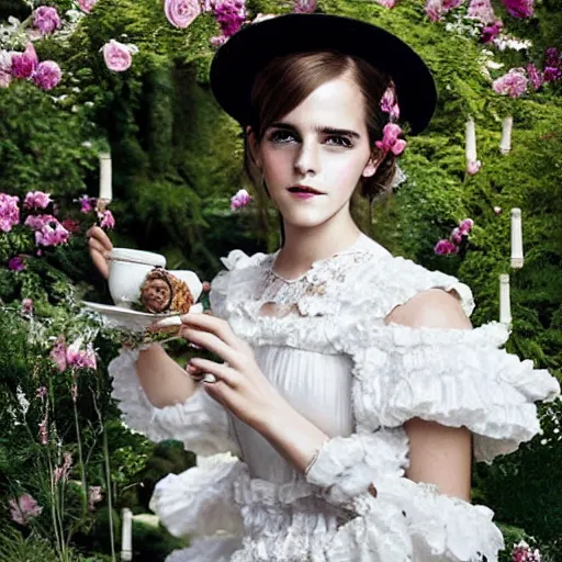 Image similar to full body fashion model emma watson smokey eyes makeup eye shadow fantasy, glow, shimmer as victorian woman in a long white frilly lace dress and a large white hat having tea in a sunroom filled with flowers, roses and lush fern flowers ,intricate, night, highly detailed, dramatic lighting , high quality by Hasui Kawase by Richard Schmid